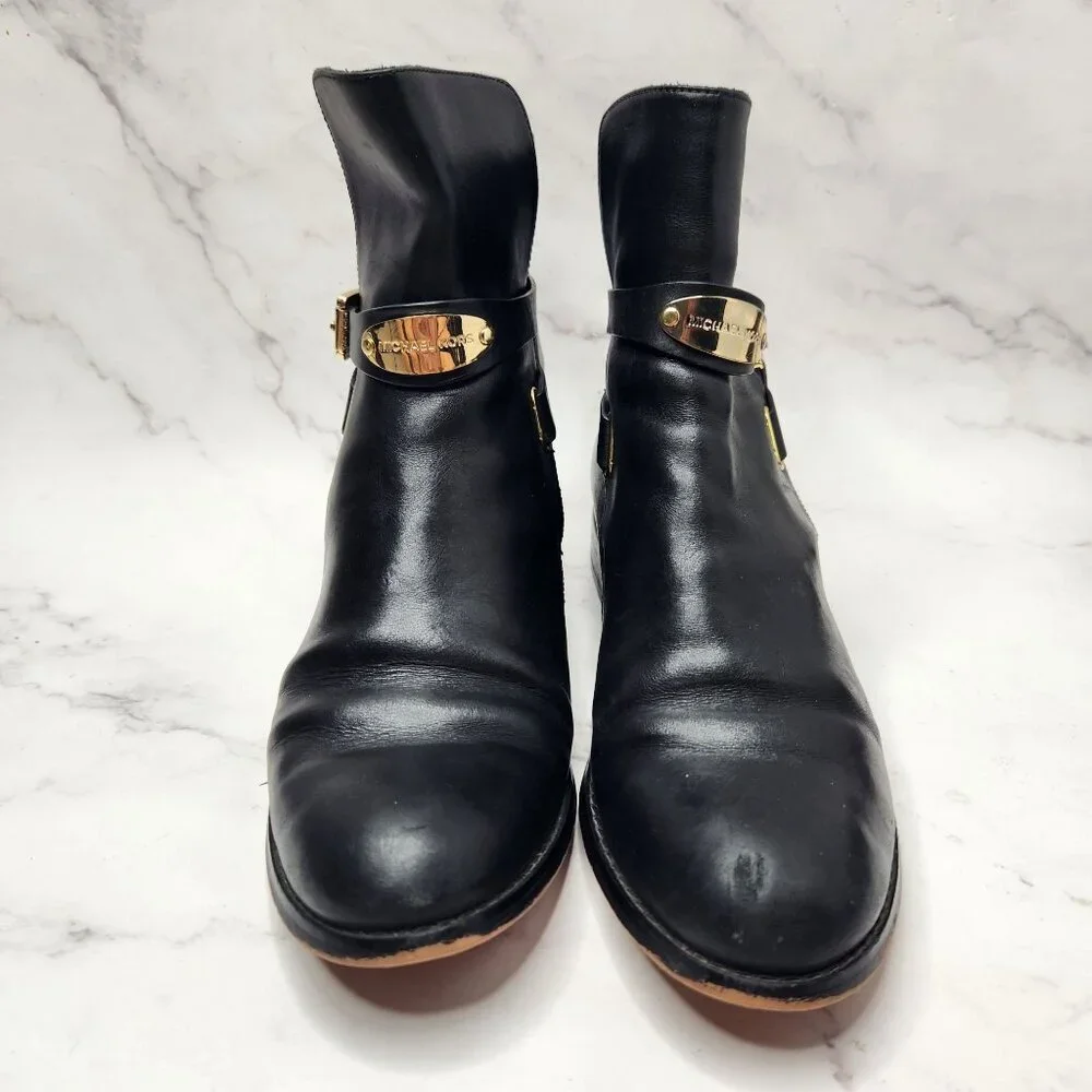 Michael Kors Arley Black Leather Ankle Boots Riding Booties Gold Hardwear 7.5